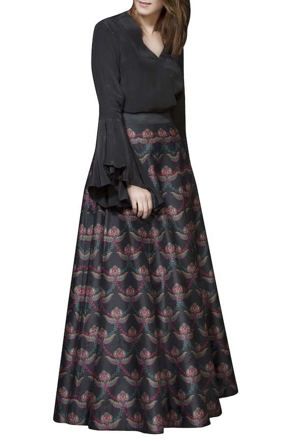 Siddhartha Bansal Black Dupion Silk Wrap Top And Printed Skirt Set 2