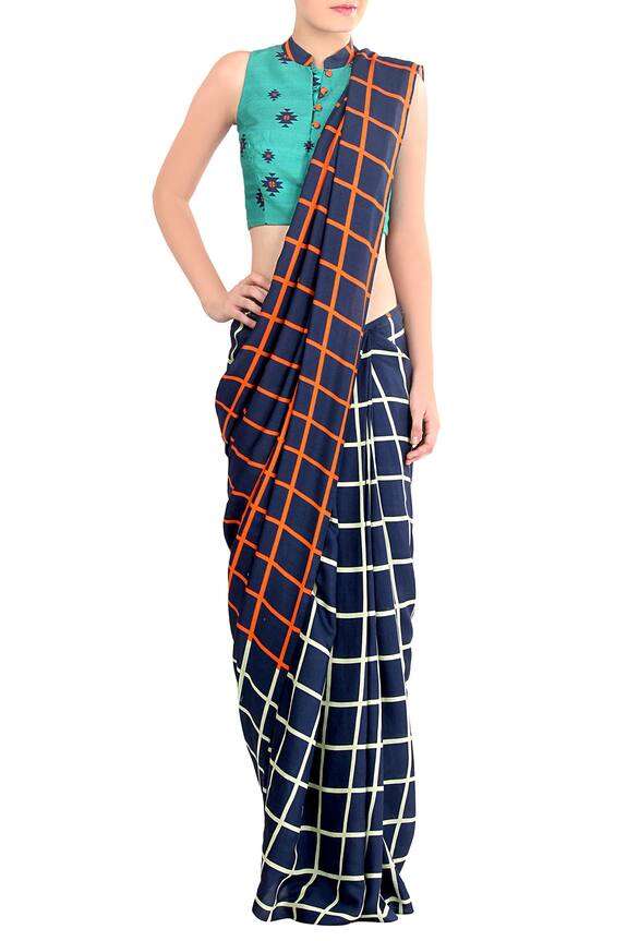 Soup by Sougat Paul Blue Herringbone Printed Saree With Blouse 1