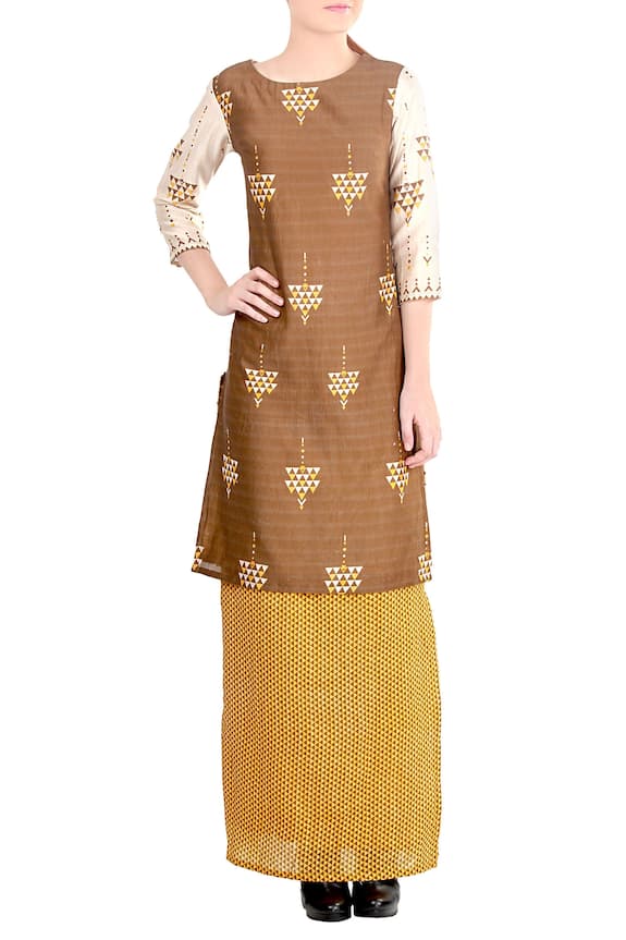 Soup by Sougat Paul Mustard Yellow And Brown Printed Skirt Set 1