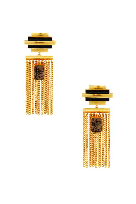 Masaya Jewellery Black And Gold Striped Earrings With Chain 1