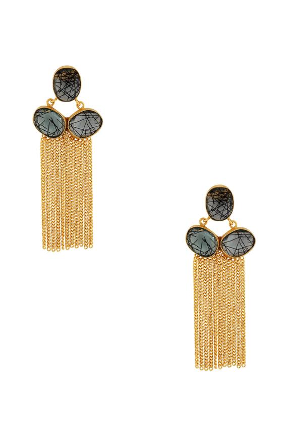 Masaya Jewellery Black Highlighted Stone With Gold Chained Earrings 1