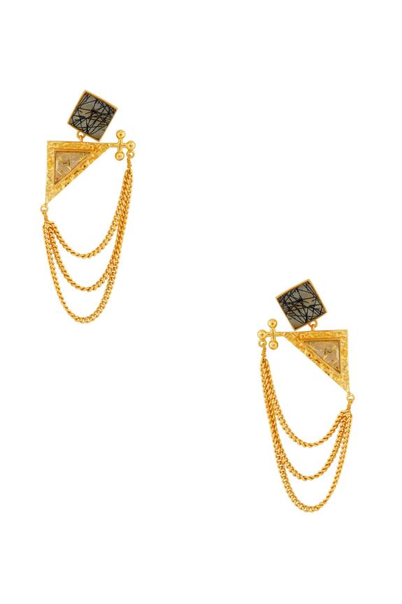 Masaya Jewellery Black And Gold Stone Earrings With Chains 1