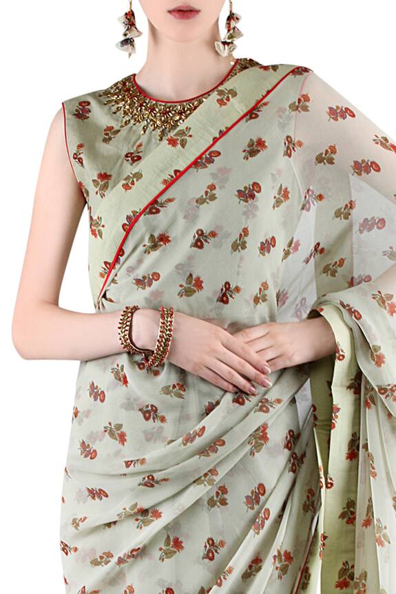 Nikasha Green Cotton Silk Floral Print Saree With Blouse 2