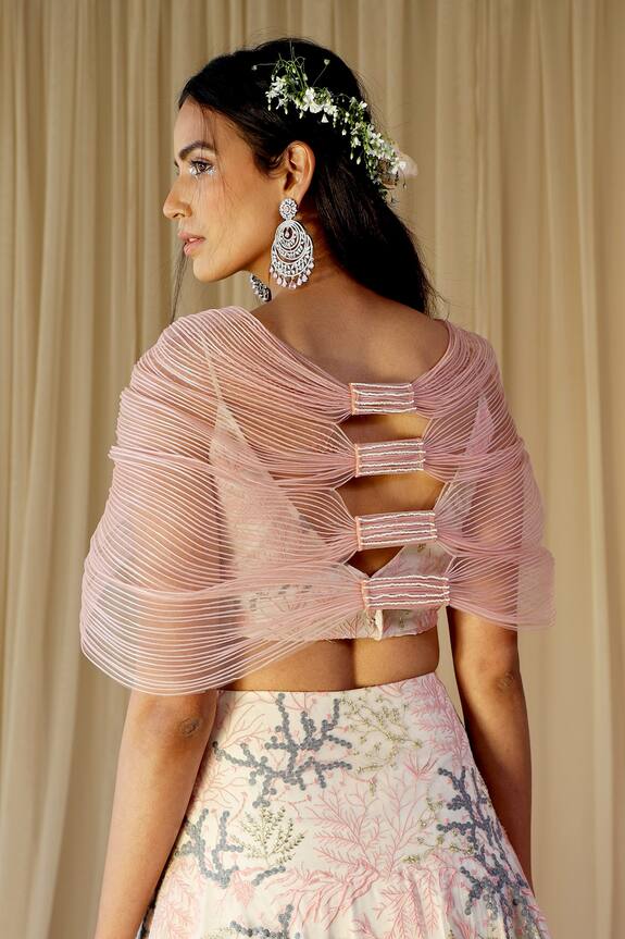 Geisha Designs Pink Silk Embroidered Shrug Lehenga Set 2