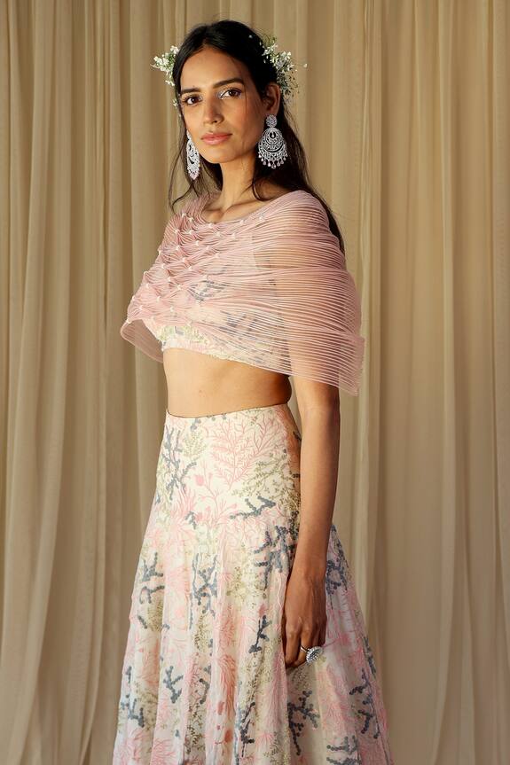 Geisha Designs Pink Silk Embroidered Shrug Lehenga Set 3