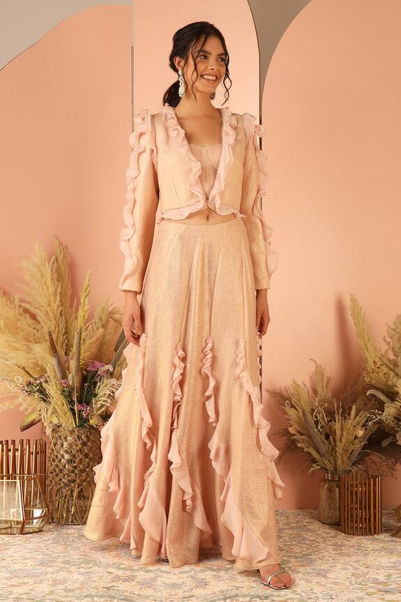 Buy_Geisha Designs_Pink Polyester Myra Ruffle Jacket And Skirt Set_at_Aza_Fashions