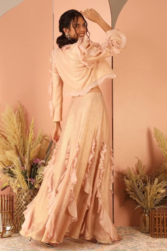 Shop_Geisha Designs_Pink Polyester Myra Ruffle Jacket And Skirt Set_at_Aza_Fashions