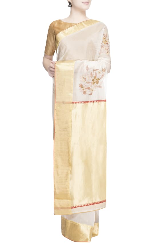 Prama by Pratima Pandey Gold Kora Cotton Chanderi Silk Embroidered Saree 1