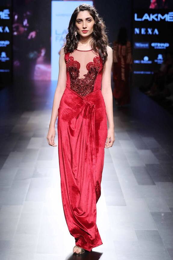 Narendra Kumar Red Embellished Draped Gown 0