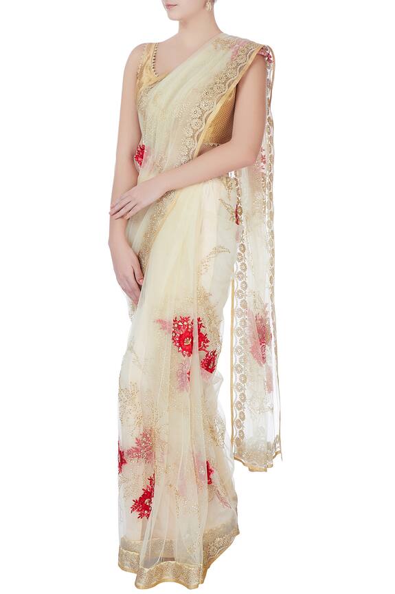 Bhairavi Jaikishan Beige Ecru Floral Saree With Blouse-piece And Petticoat 1