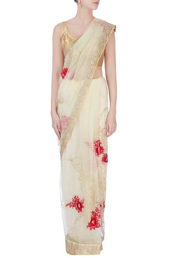 Bhairavi Jaikishan Beige Ecru Floral Saree With Blouse-piece And Petticoat 3