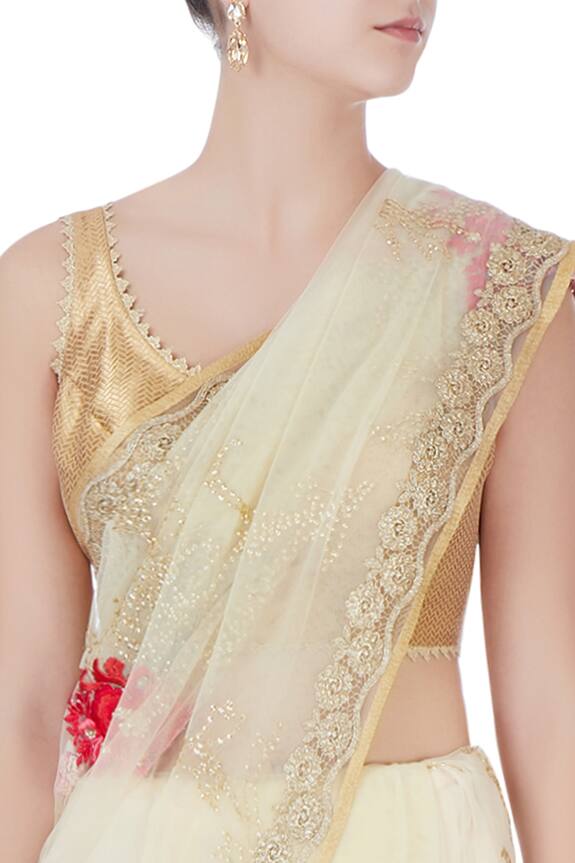 Bhairavi Jaikishan Beige Ecru Floral Saree With Blouse-piece And Petticoat 4