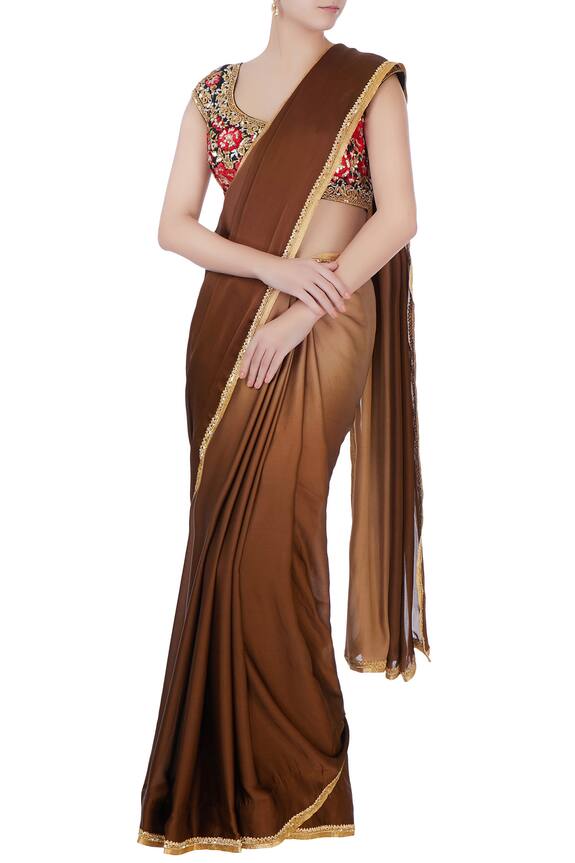 Bhairavi Jaikishan Gold Brown Saree With Floral Blouse And Petticoat 1