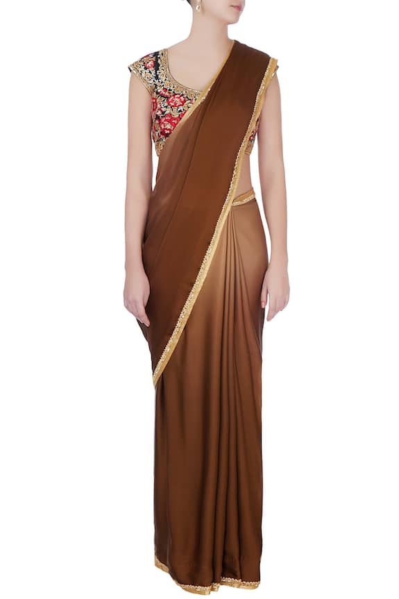 Bhairavi Jaikishan Gold Brown Saree With Floral Blouse And Petticoat 3