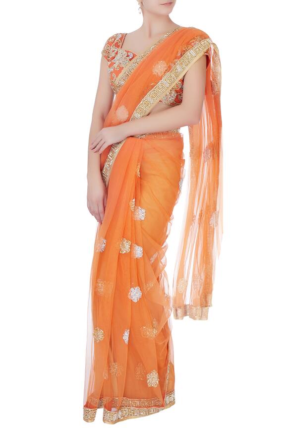 Bhairavi Jaikishan Orange Sequin Saree With Blouse And Petticoat 1