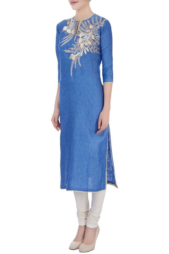 Bhairavi Jaikishan Blue Denim Linen Floral Embroidered Kurta 4