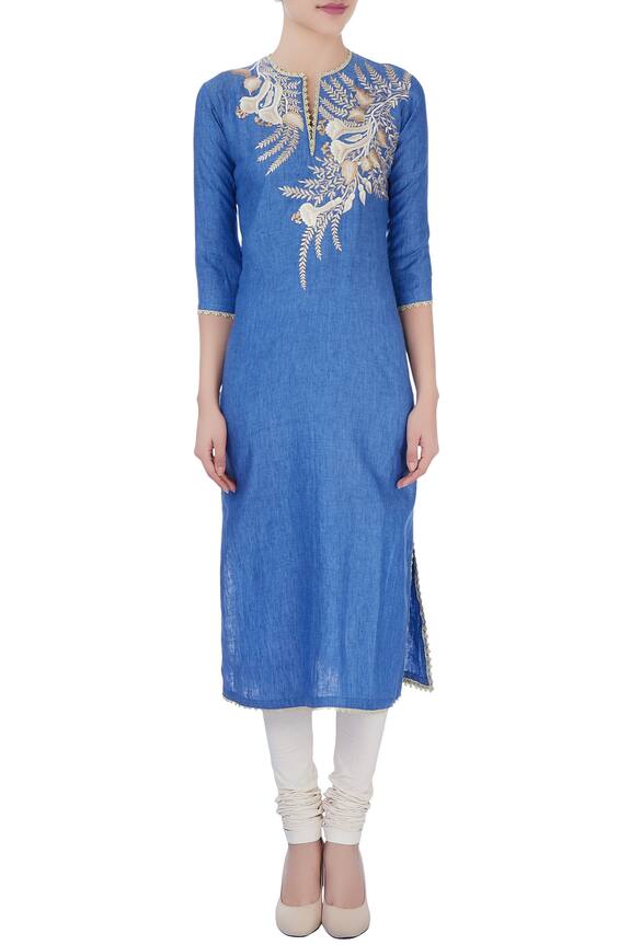 Bhairavi Jaikishan Blue Denim Linen Floral Embroidered Kurta 5