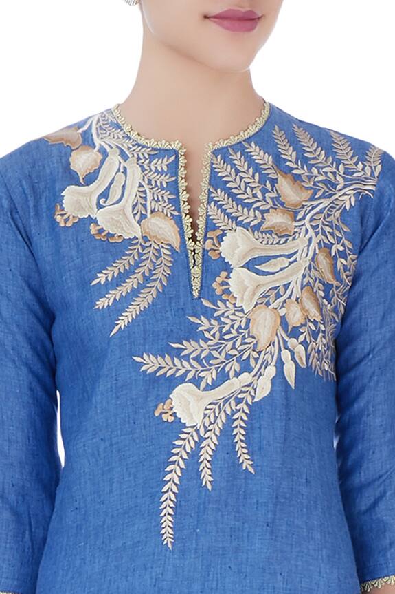 Bhairavi Jaikishan Blue Denim Linen Floral Embroidered Kurta 6
