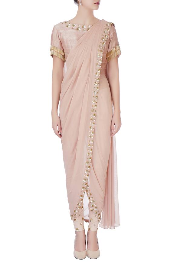 Chhavvi Aggarwal Beige Draped Saree With Pants And Blouse. 5