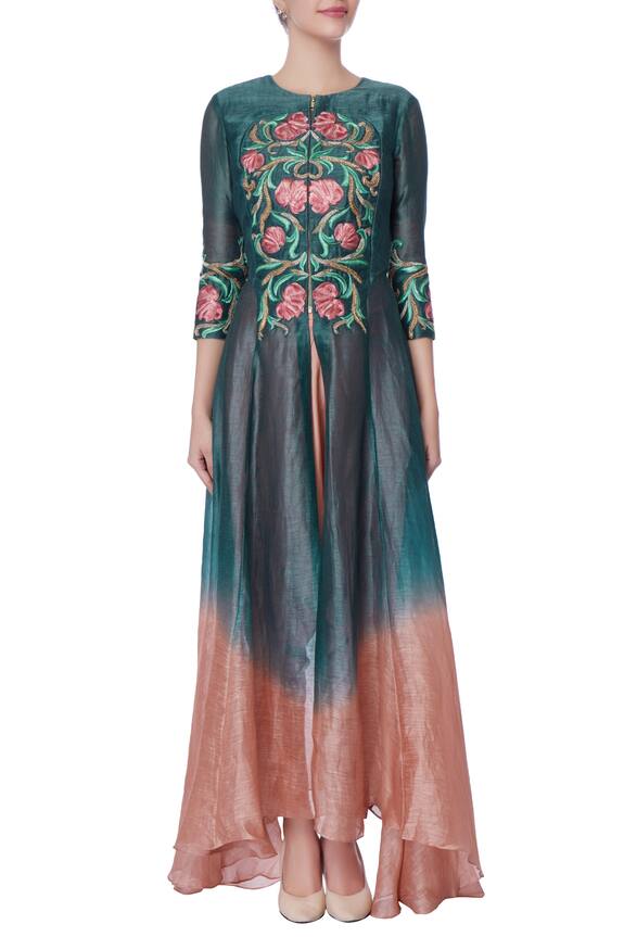Incheetape Blue Teal And Pink Front Open Kurta And Dhoti Pants 5