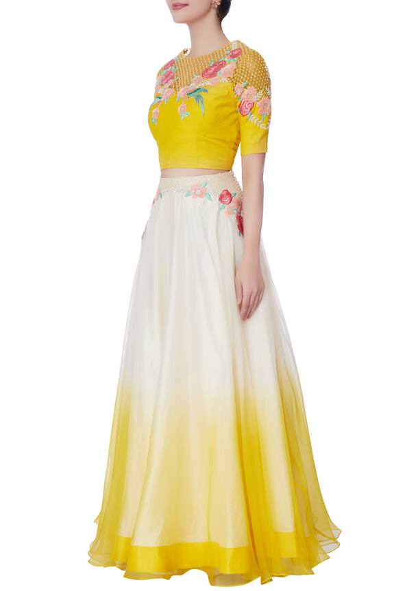 Incheetape White And Yellow Organza Floral Lehenga And Blouse 4
