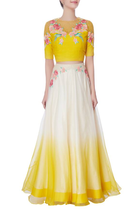 Incheetape White And Yellow Organza Floral Lehenga And Blouse 5
