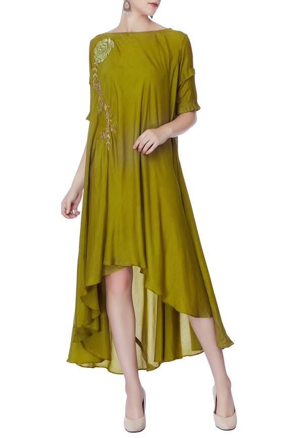 Itara Olive Green Asymmetric Zardozi Dress 0