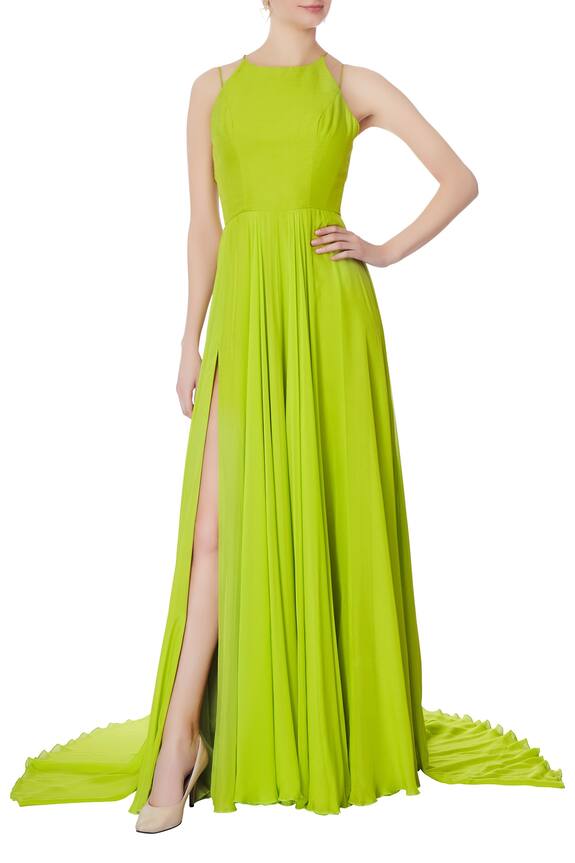 Swapnil Shinde Green Halter Slit Gown 1