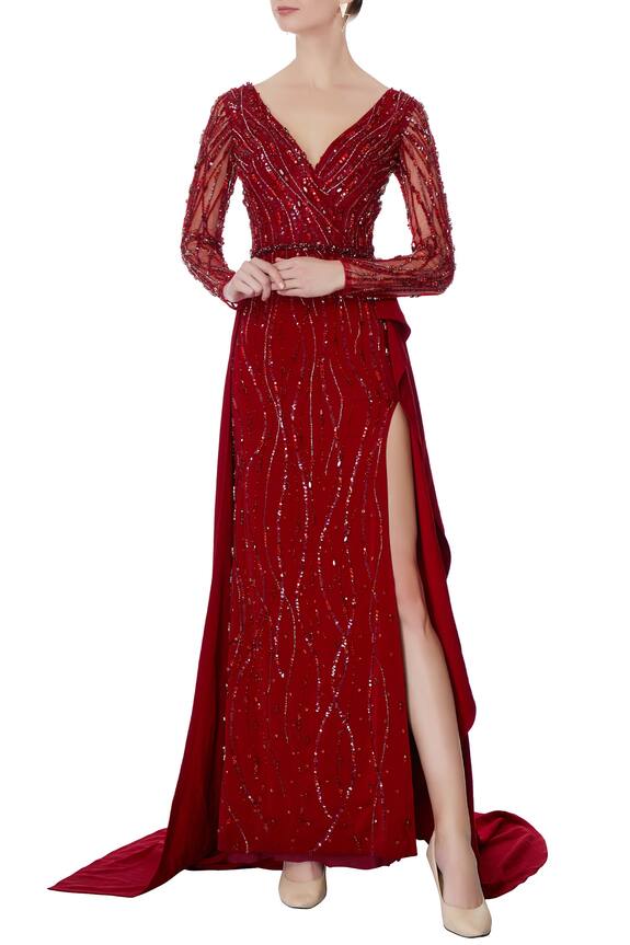 Swapnil Shinde Maroon Crepe Embellished Gown 1