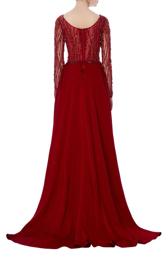 Swapnil Shinde Maroon Crepe Embellished Gown 2