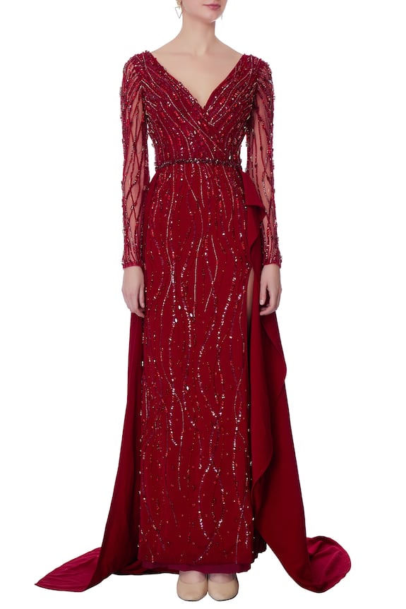 Swapnil Shinde Maroon Crepe Embellished Gown 5