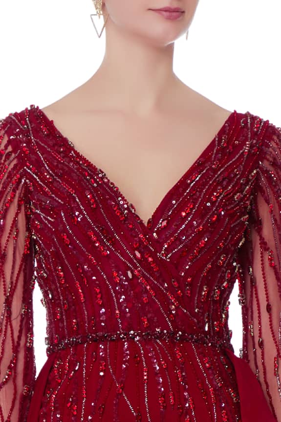 Swapnil Shinde Maroon Crepe Embellished Gown 6