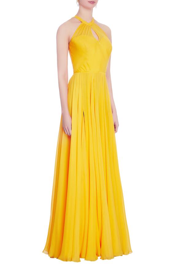 Swapnil Shinde Yellow Halter Slit Gown 3