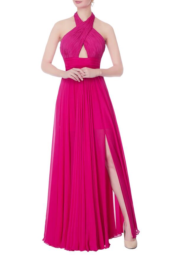 Swapnil Shinde Pink Chiffon Silk Slit Gown 1