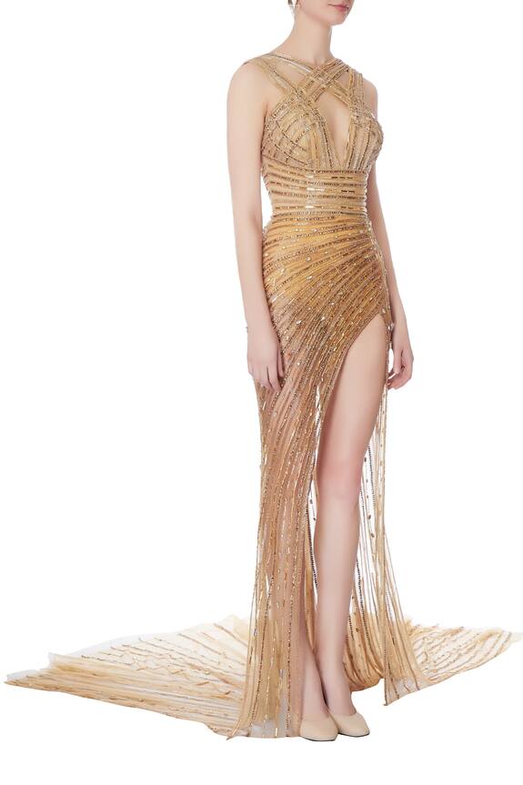 Swapnil Shinde Gold Embellished Trail Gown 3