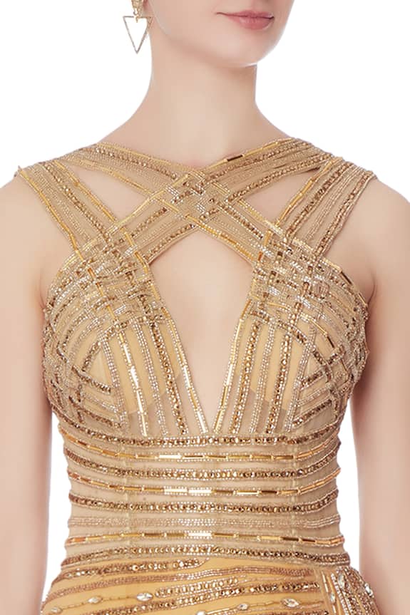 Swapnil Shinde Gold Embellished Trail Gown 6