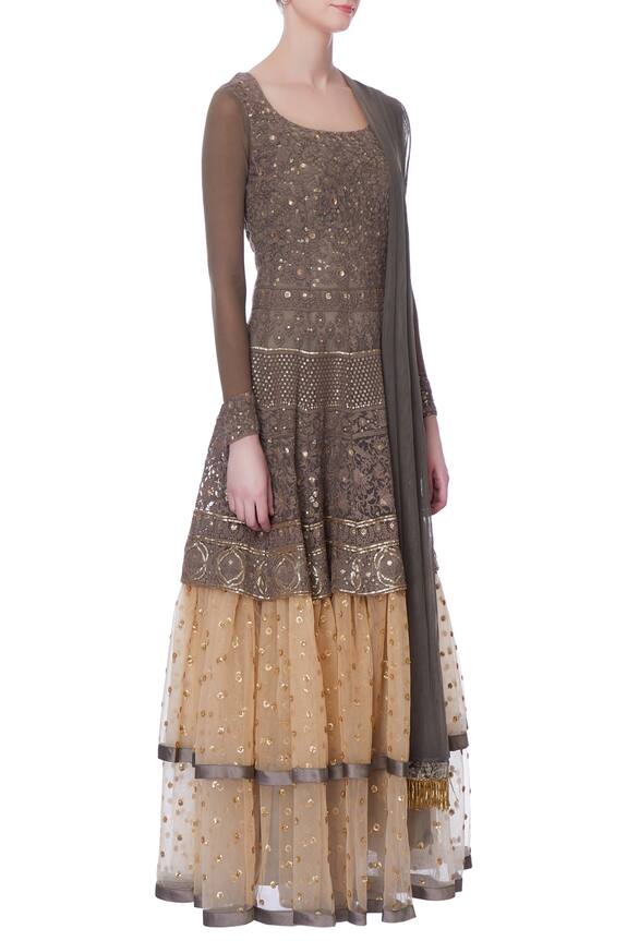 Neha Mehta Couture Beige Grey And Gold Thread Embroidered Anarkali 3