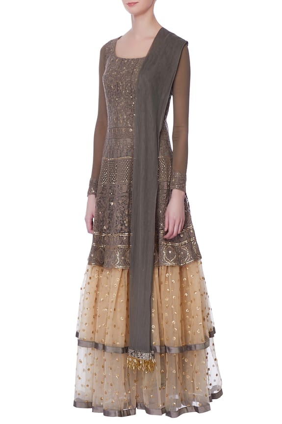 Neha Mehta Couture Beige Grey And Gold Thread Embroidered Anarkali 4