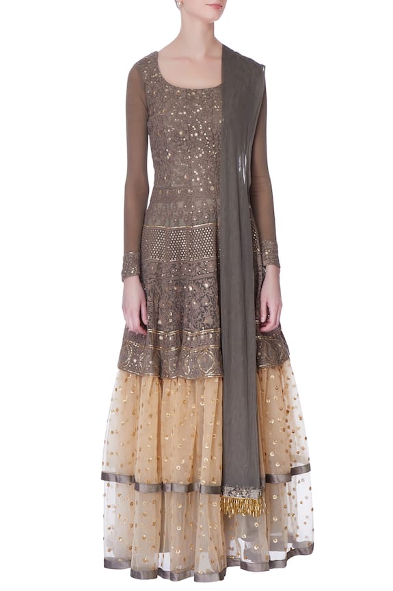 Neha Mehta Couture Beige Grey And Gold Thread Embroidered Anarkali 5