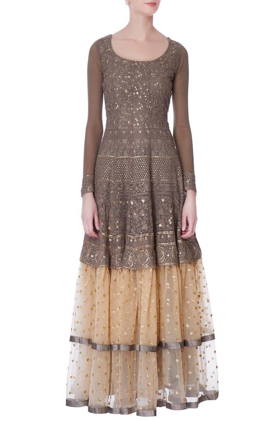 Neha Mehta Couture Beige Grey And Gold Thread Embroidered Anarkali 6