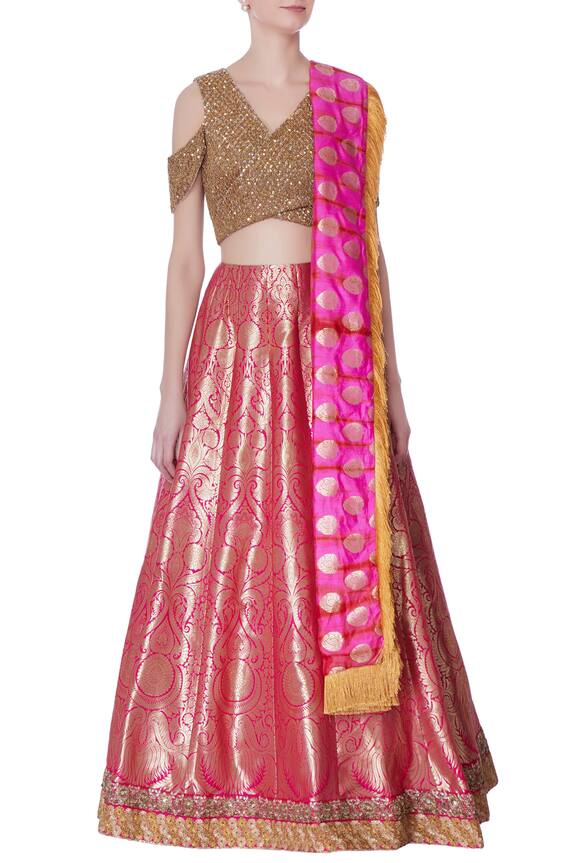Neha Mehta Couture Pink Banarasi Lehenga And Gold Blouse 5