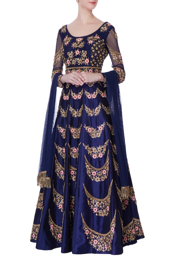Neha Mehta Couture Navy Blue Raw Silk Anarkali Set 1