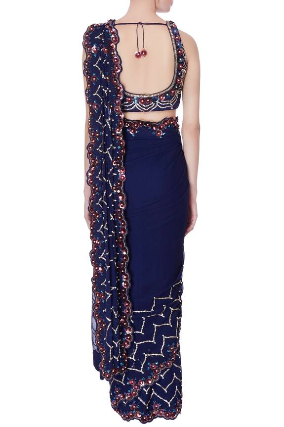 Rajat & Shraddha Navy Blue Pre-draped Embroidered Saree With Blouse 2