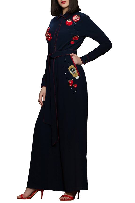 Shahin Mannan Blue Stretchable Polyester Floral Embroidered Jumpsuit 1