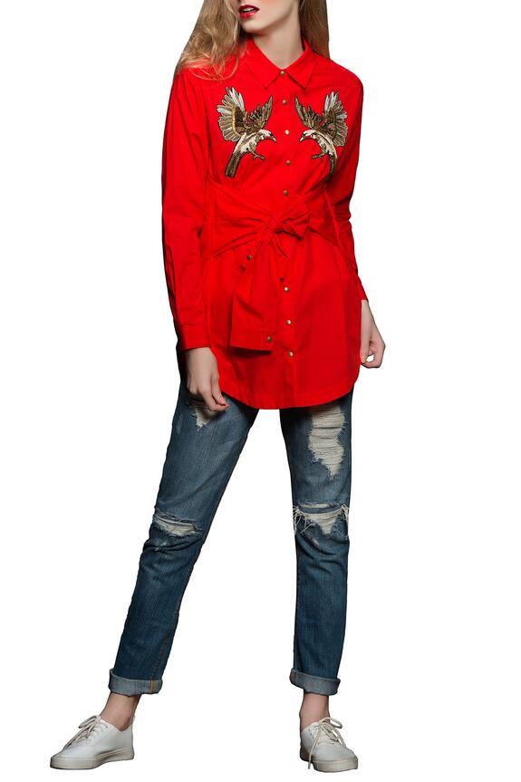 Shahin Mannan Red Embroidered Poplin Shirt 1