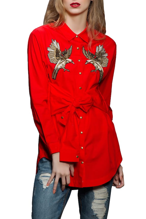 Shahin Mannan Red Embroidered Poplin Shirt 3