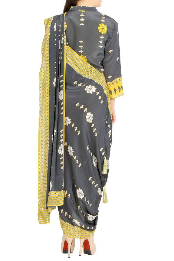 Soup by Sougat Paul Charcoal Grey And Yellow Printed Saree With Jacket 2