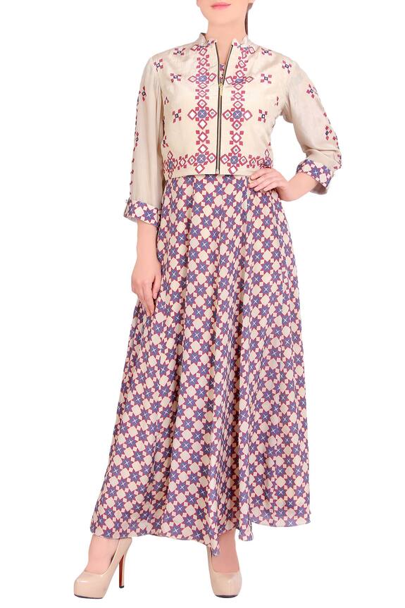 Soup by Sougat Paul Beige Crepe Printed Dress With Jacket 0