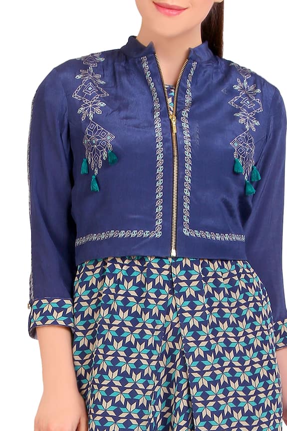 Soup by Sougat Paul Blue Printed Dhoti Jumpsuit With Jacket 4