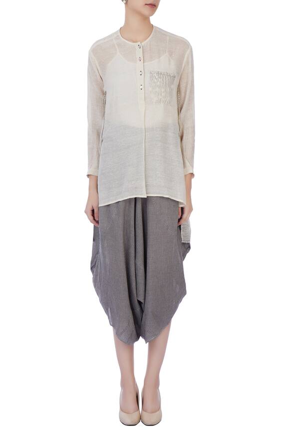 Urvashi Kaur Grey Organic Handwoven Cotton Solid Shirt And Striped Dhoti Pant Set 5
